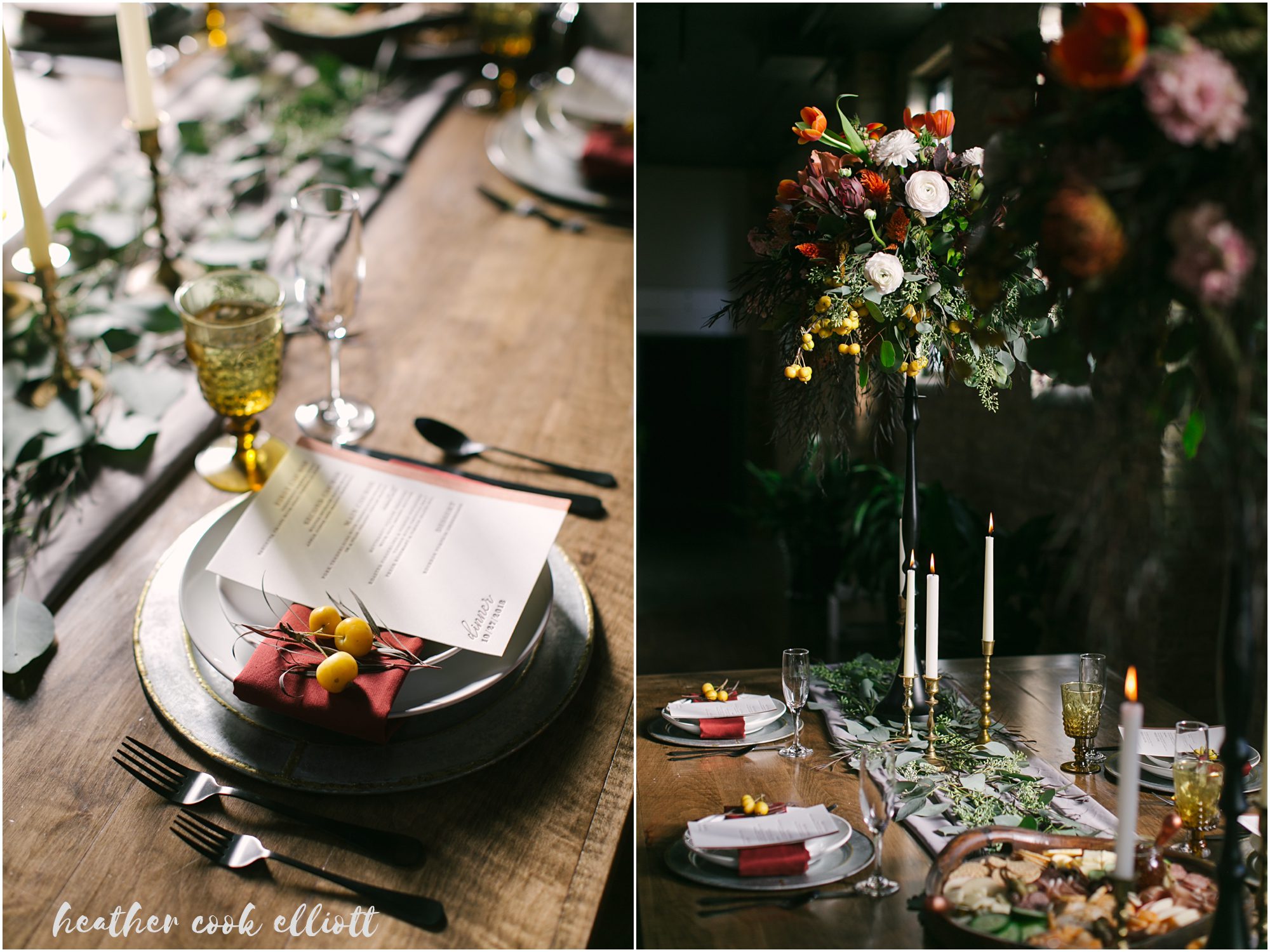 The Ivy House wedding with red dress and warm cherry accents plus gold and mustard details