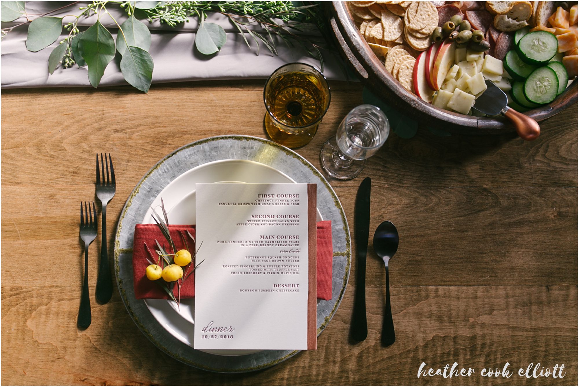 The Ivy House wedding with red dress and warm cherry accents plus gold and mustard details
