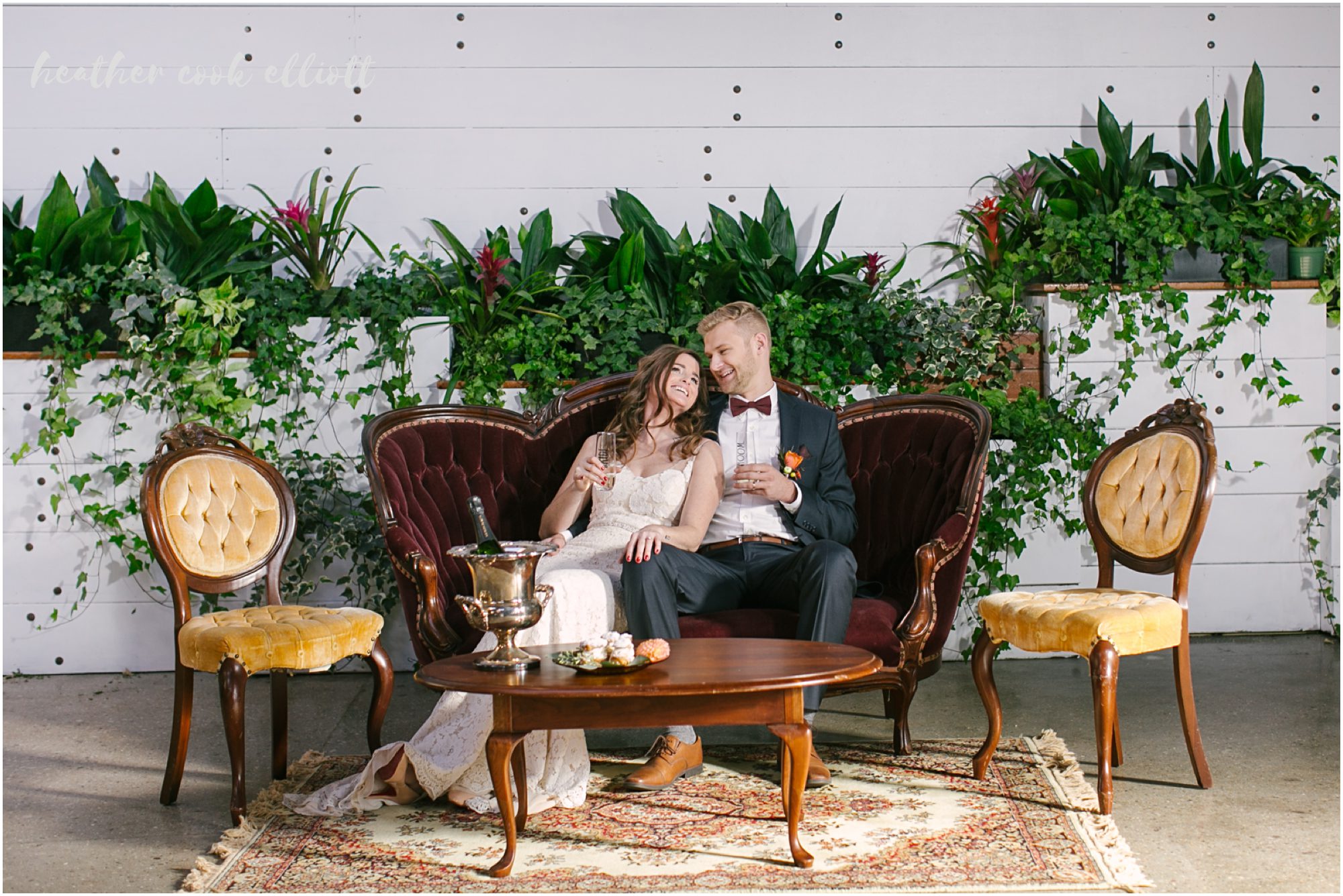 The Ivy House wedding with red dress and warm cherry accents plus gold and mustard details