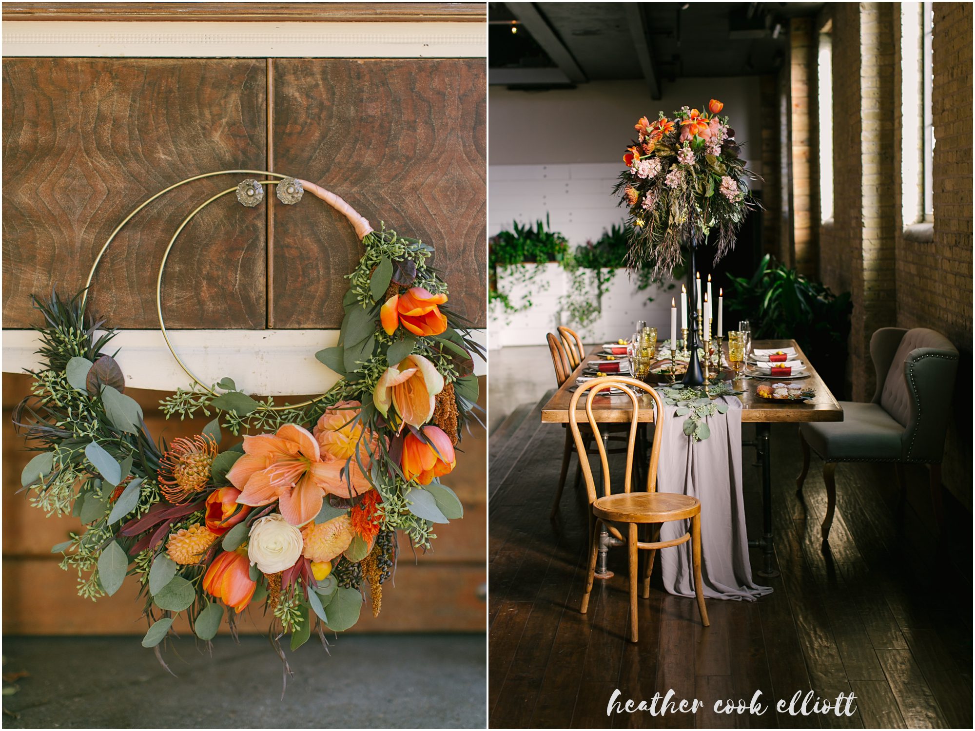 The Ivy House wedding with red dress and warm cherry accents plus gold and mustard details