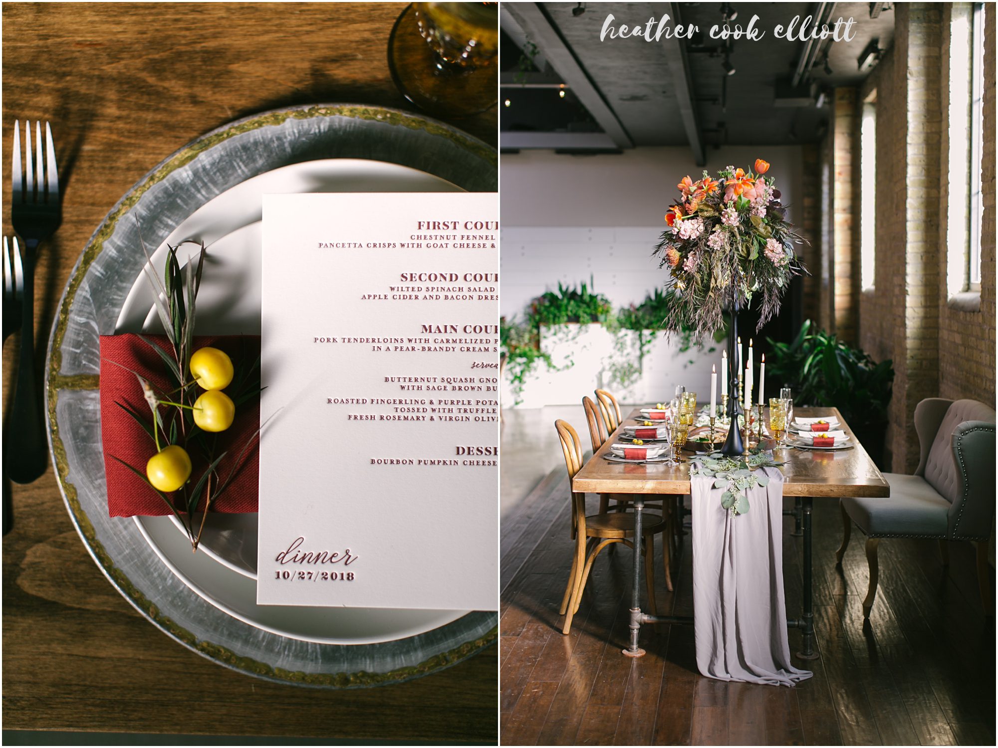 The Ivy House wedding with red dress and warm cherry accents plus gold and mustard details