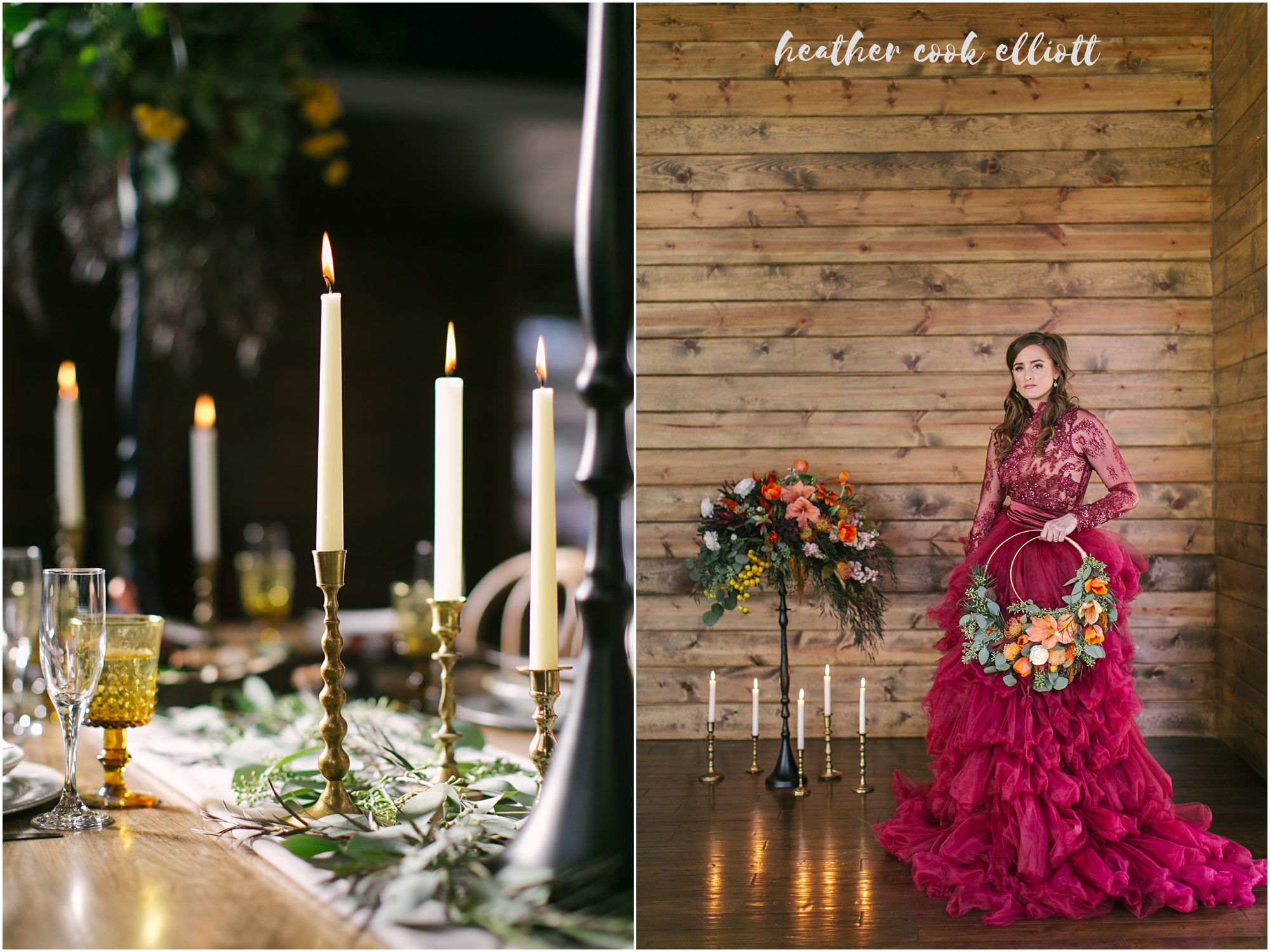 The Ivy House wedding with red dress and warm cherry accents plus gold and mustard details