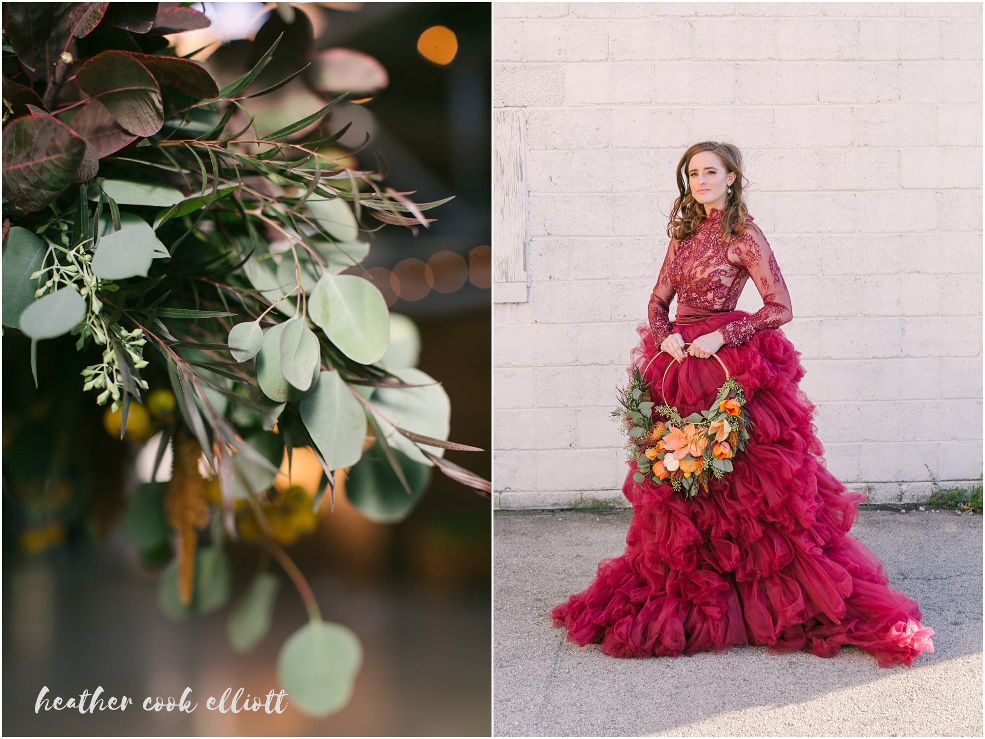 The Ivy House wedding with red dress and warm cherry accents plus gold and mustard details