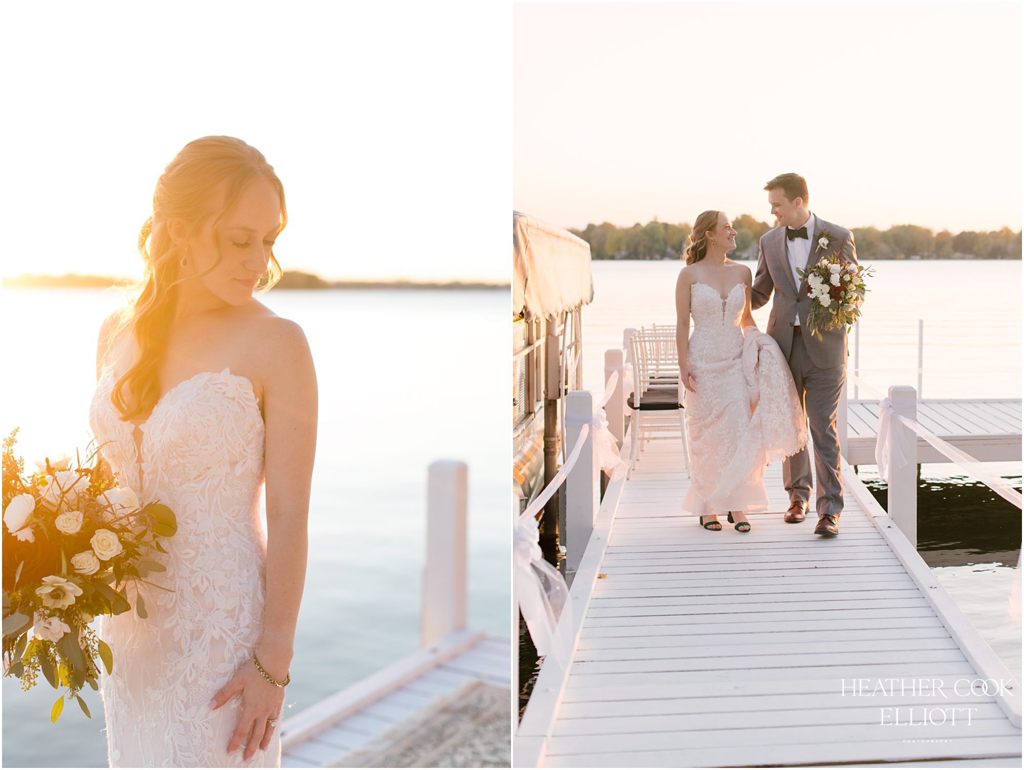 oconomowoc lake wedding in fall at sunset