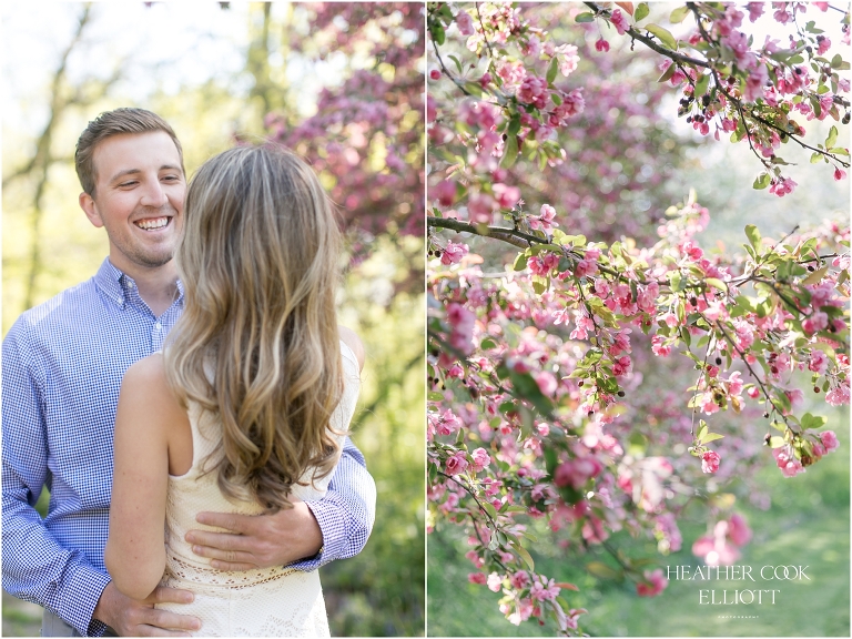 lake park engagement session with flowering trees