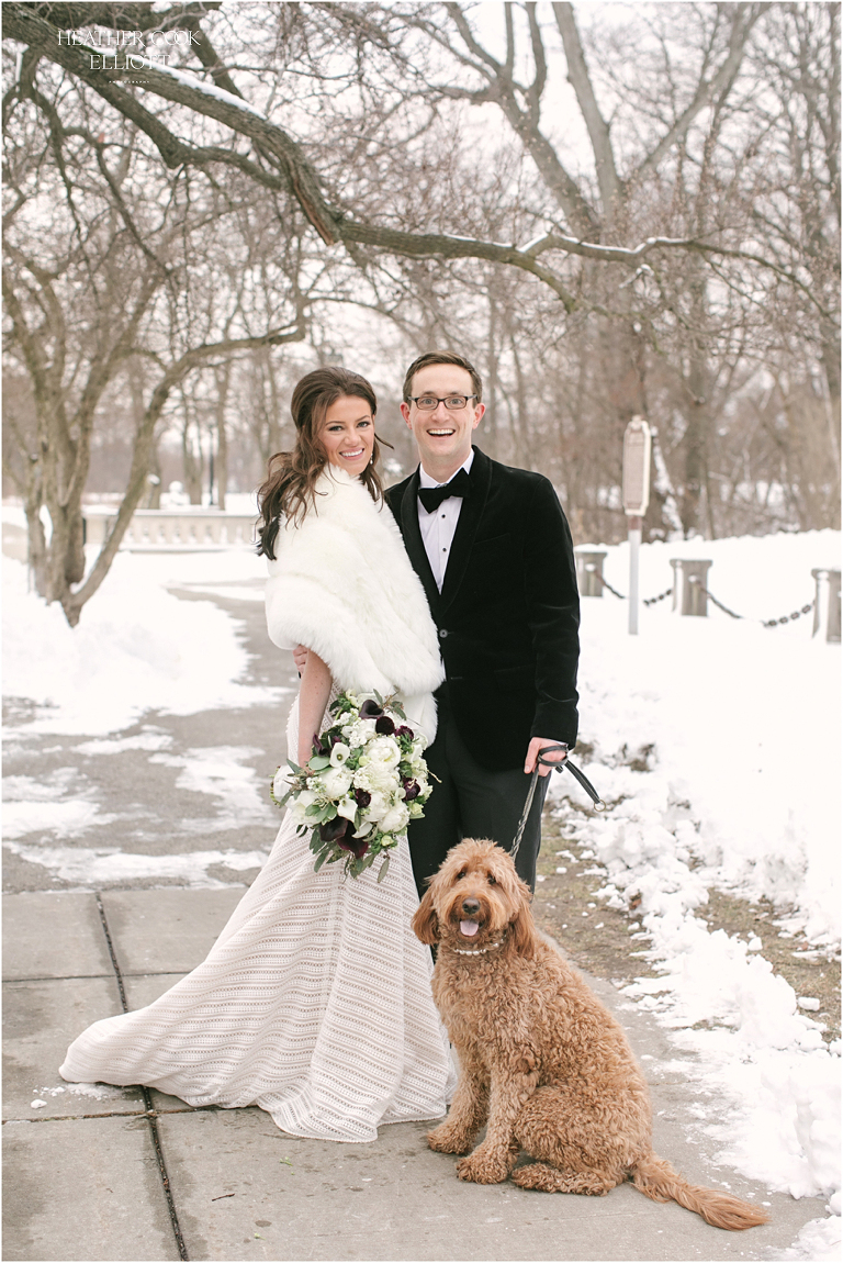 lake park winter wedding portrait with dog