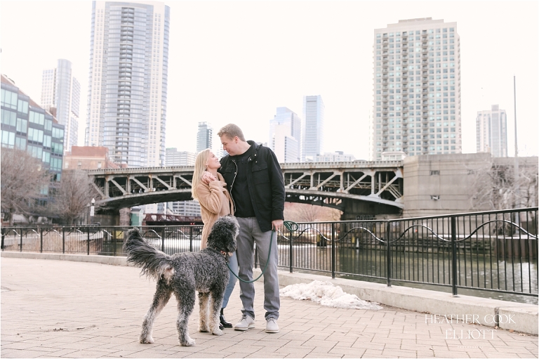 chicago engagement session in spring with dog and view of the city