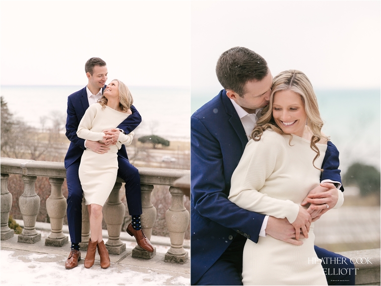 villa terrace engagement session in winter