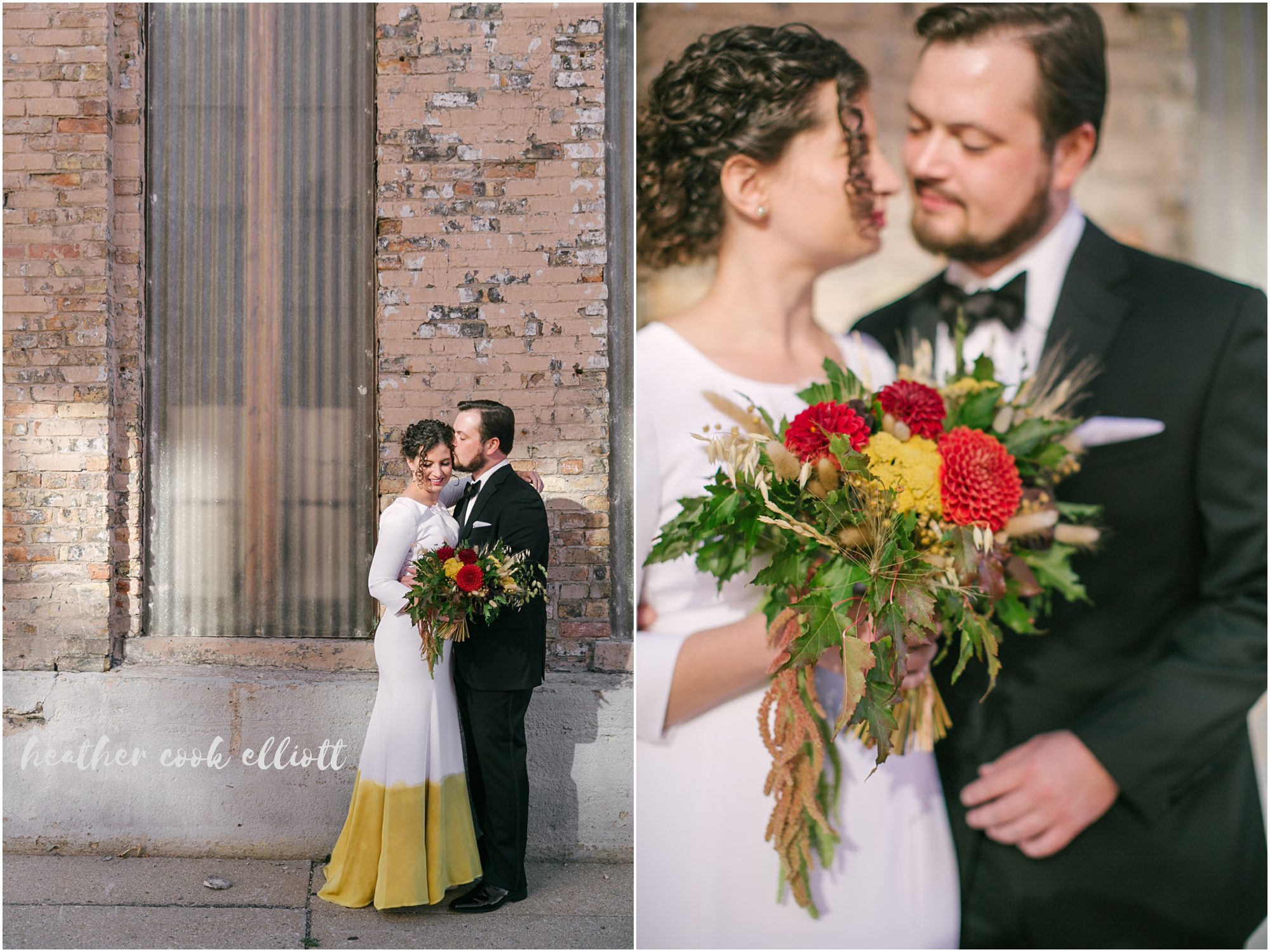 yellow dip dyed wedding dress in milwaukee in fall