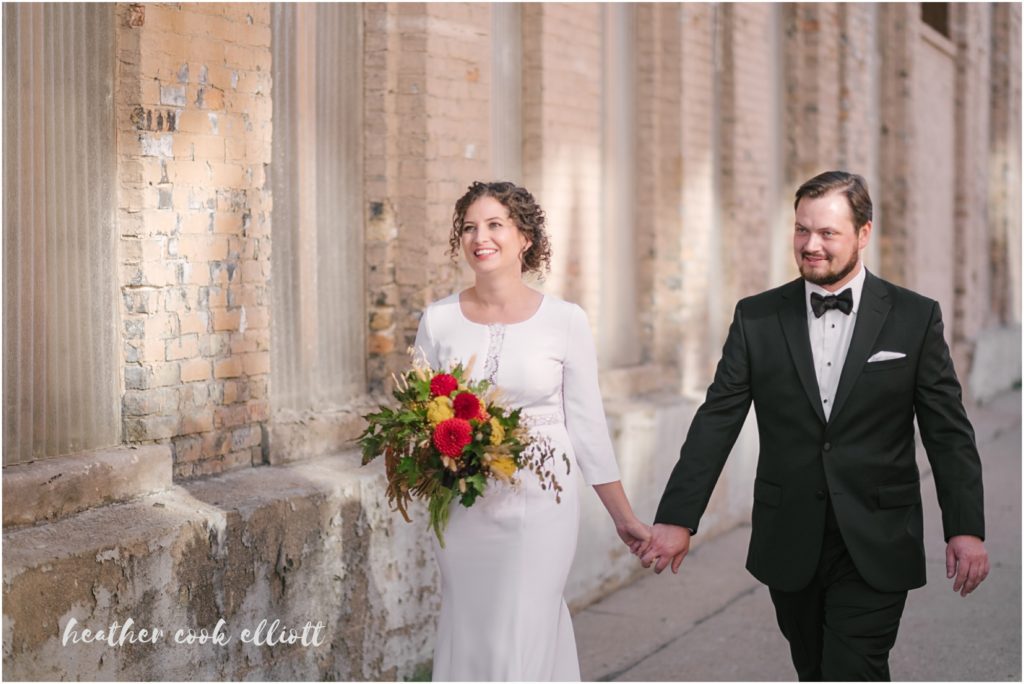 modern milwaukee wedding in fall: yellow dip dyed wedding dress 
