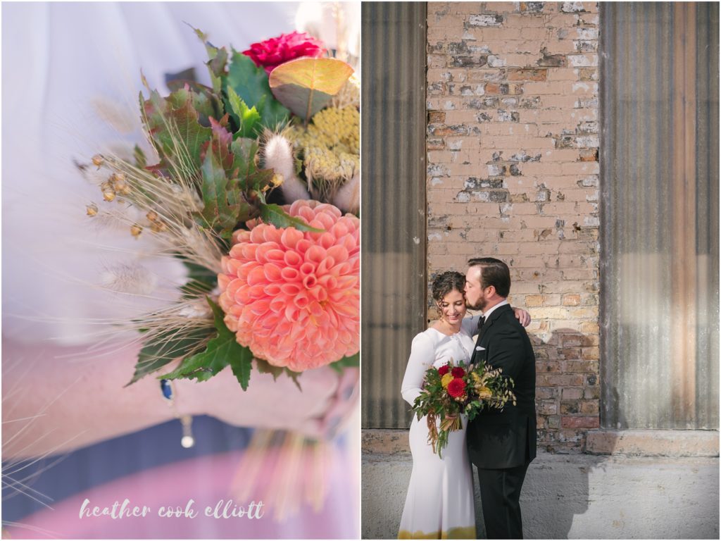 modern milwaukee wedding in fall: yellow dip dyed wedding dress 