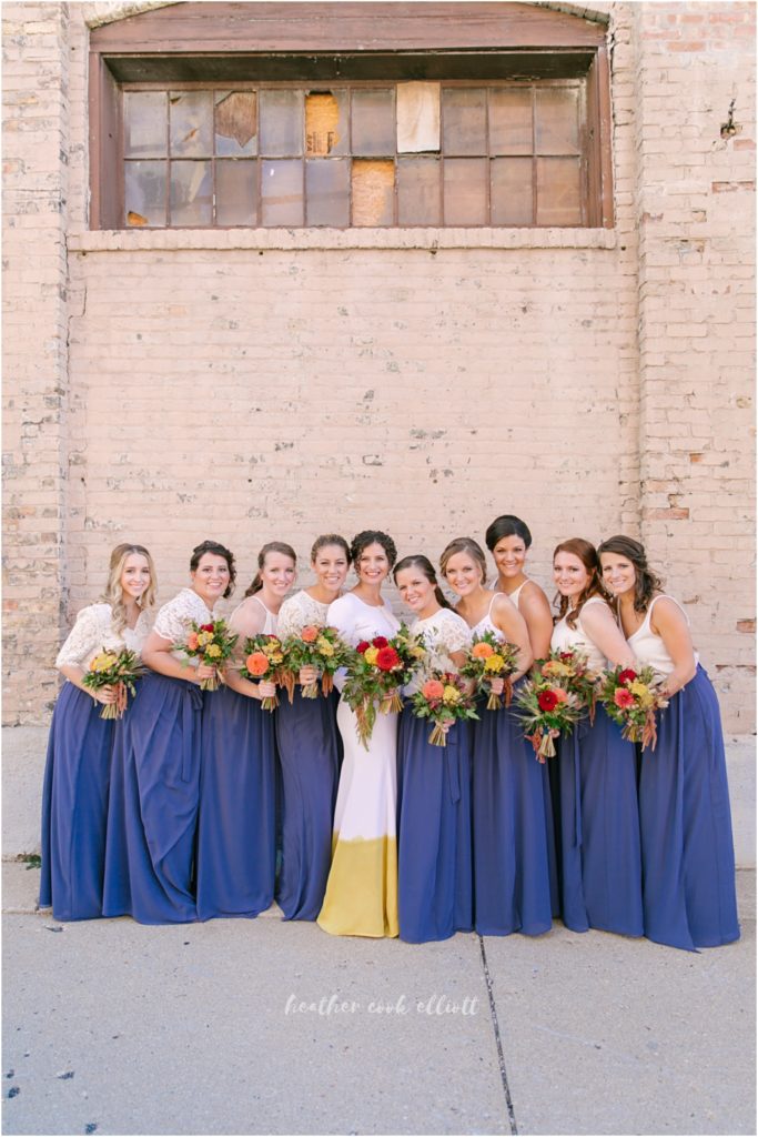 modern milwaukee wedding in fall: yellow dip dyed wedding dress 