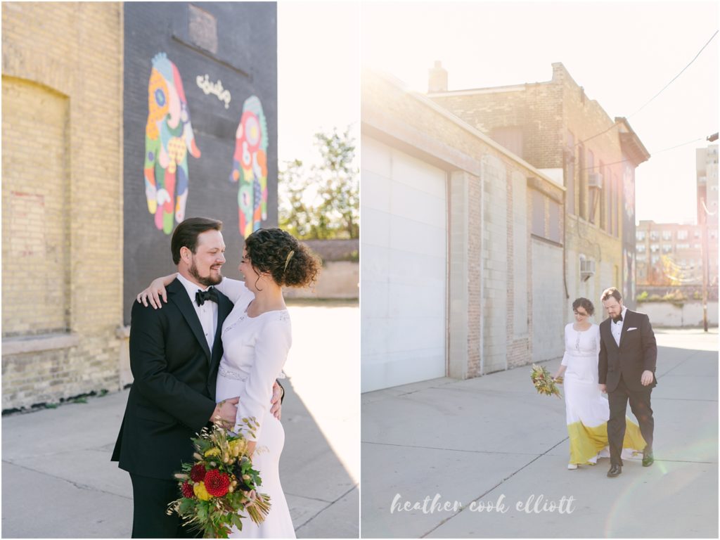 modern milwaukee wedding in fall: yellow dip dyed wedding dress street art