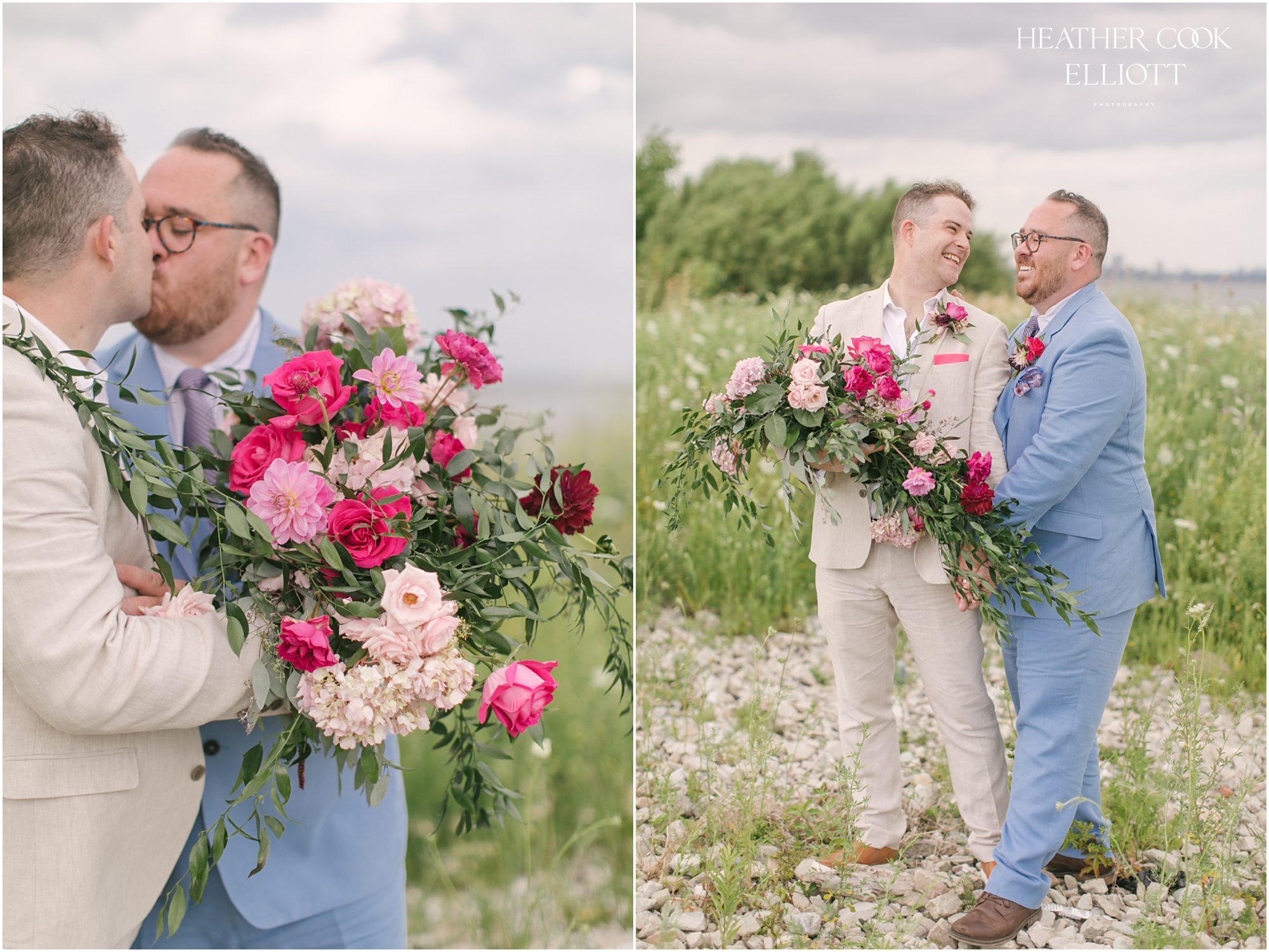 Milwaukee outdoor same sex wedding at port of milwaukee with gorgeous florals and rescue dog