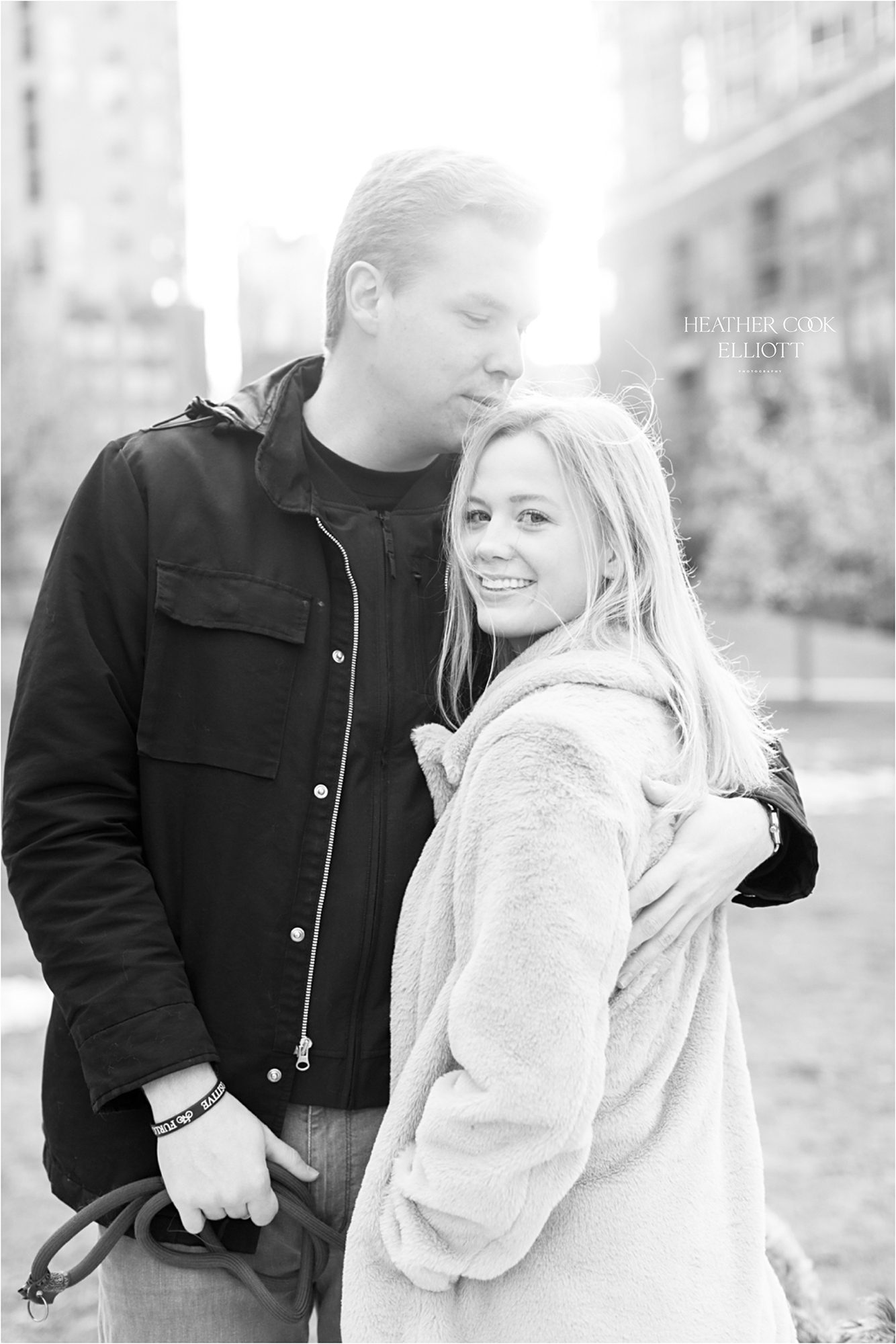 chicago engagement session in spring black & white image