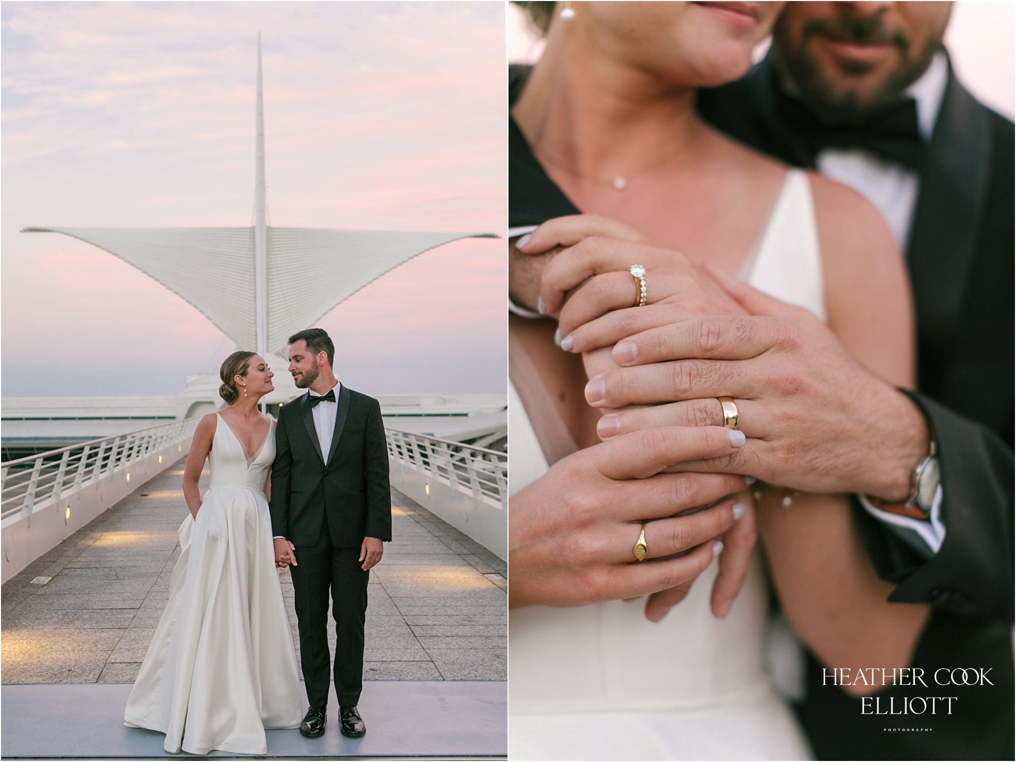 milwaukee art museum wedding at sunset golden hour photos