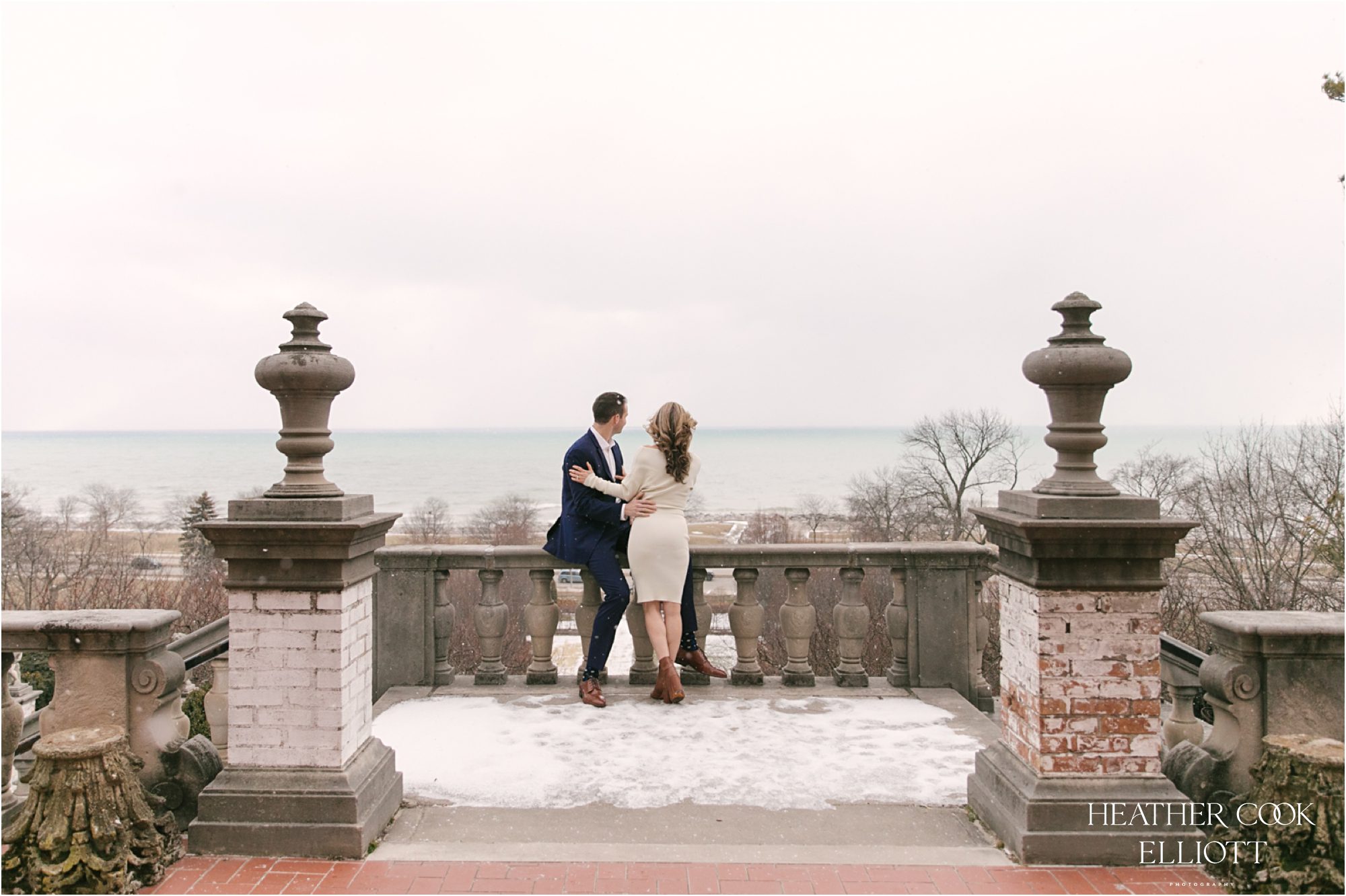 villa terrace engagement session in winter