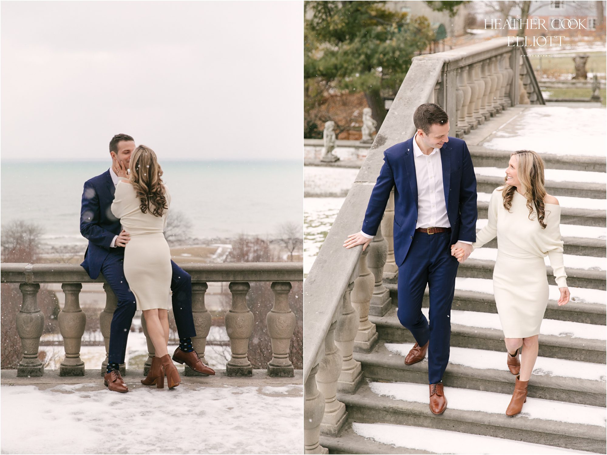 villa terrace engagement session in winter