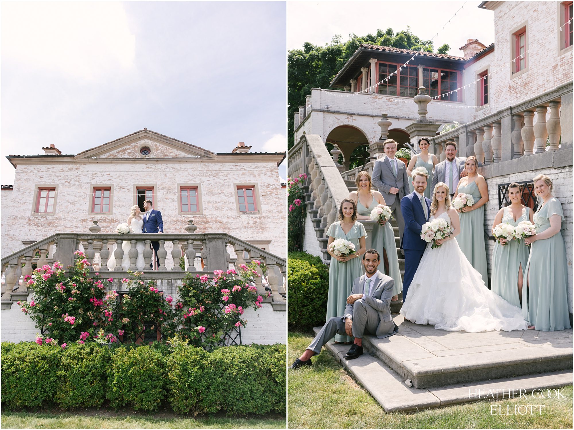 villa terrace wedding party portraits